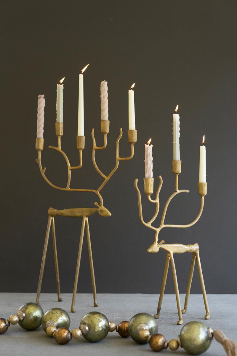 Antique Gold Forged Christmas Deer Candelabras