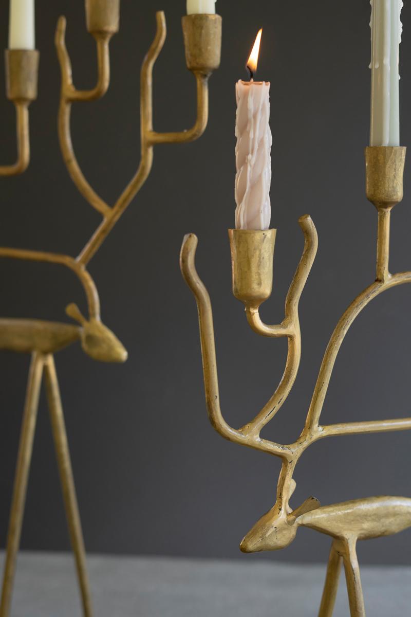 Antique Gold Forged Christmas Deer Candelabras