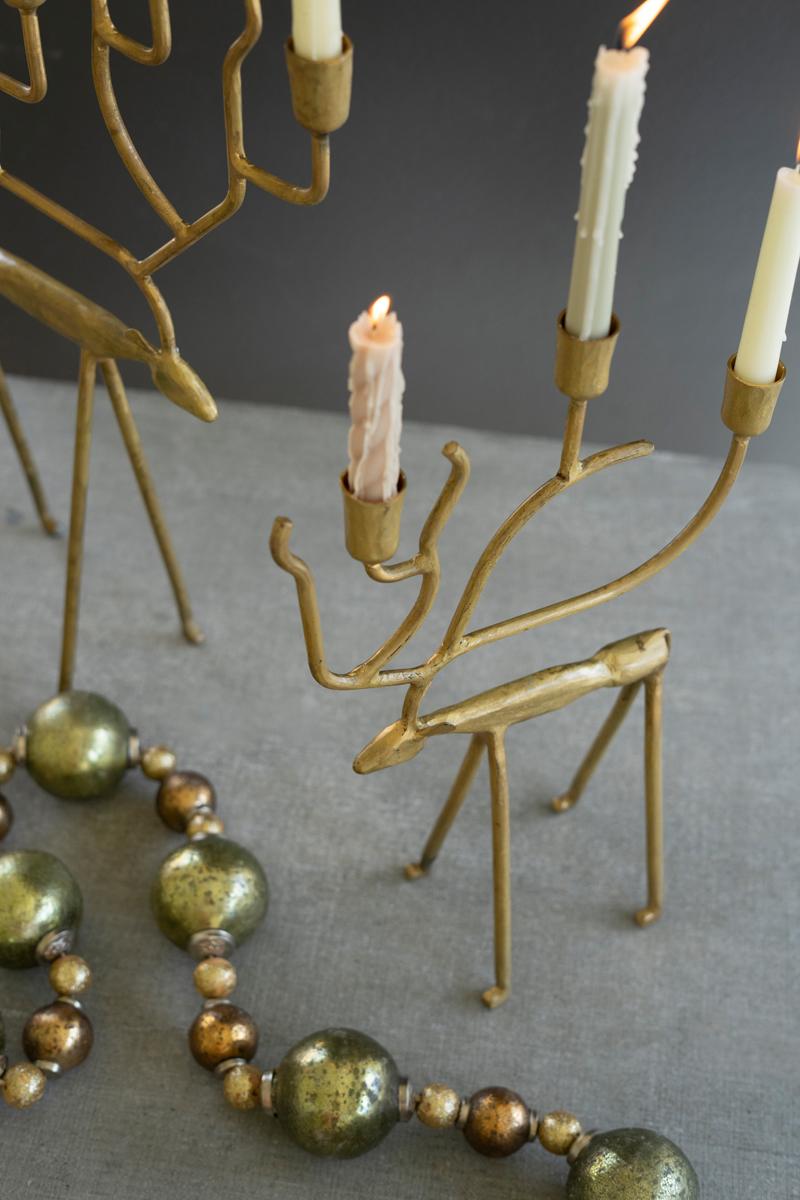 Antique Gold Forged Christmas Deer Candelabras