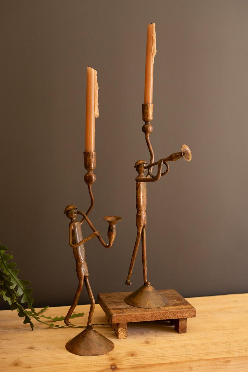 Forged Iron Trumpet And Saxaphone Taper Candle Holders