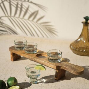 Box of 2 — Tequila Flight with Four Glasses on a Wooden Tray