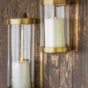 Glass & Brass Finish Wall Mounted Hurricane-Large, Gold