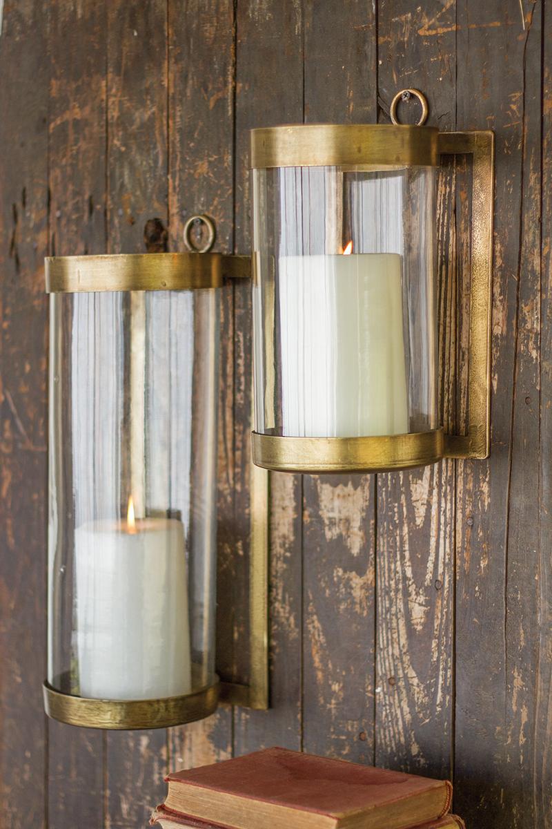 Glass & Brass Finish Wall Mounted Hurricane-Small, Gold