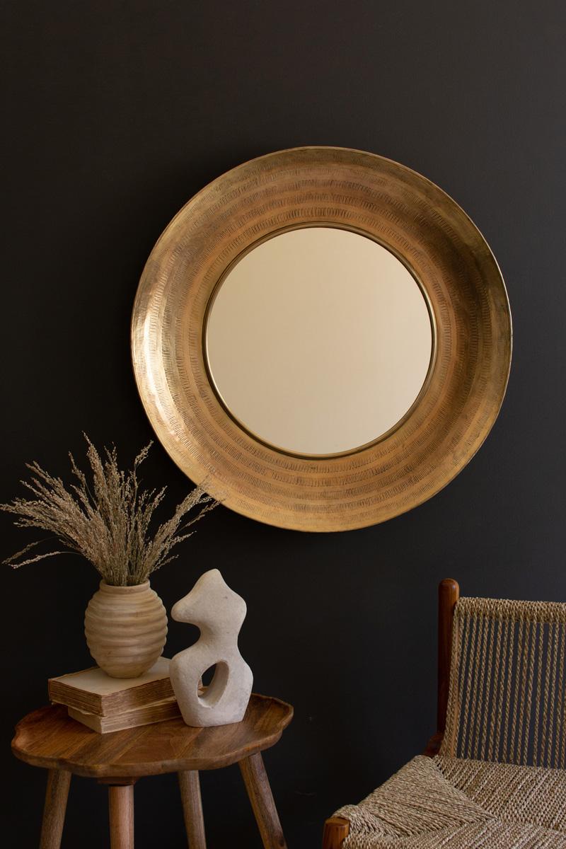 Glass Metal, Round Hand Hammered Antique Brass Frame With Mirror