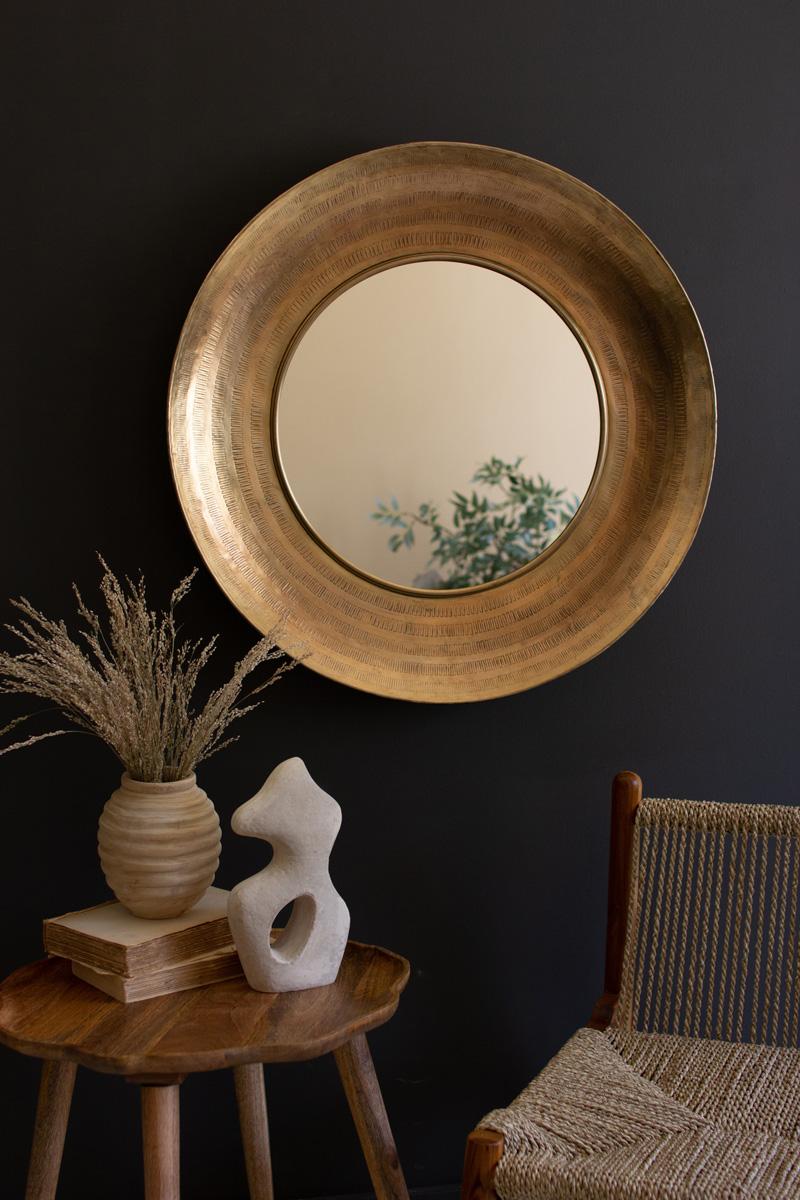 Glass Metal, Round Hand Hammered Antique Brass Frame With Mirror