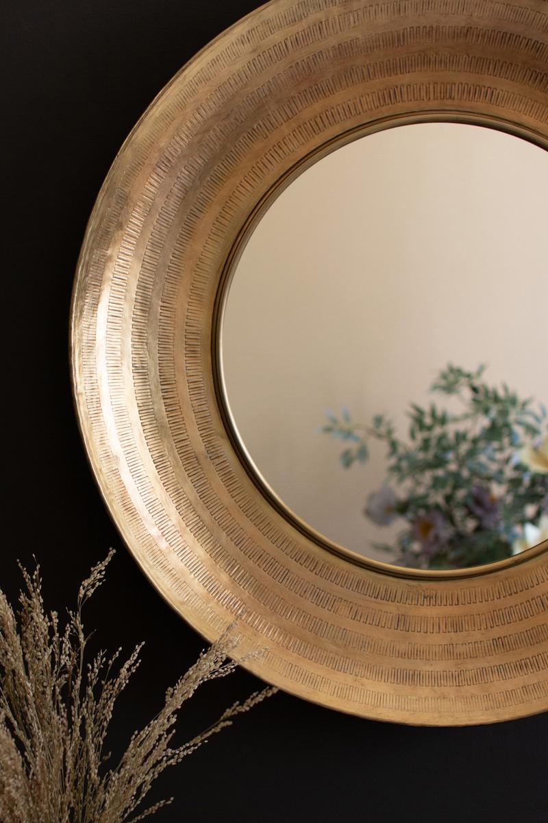 Glass Metal, Round Hand Hammered Antique Brass Frame With Mirror