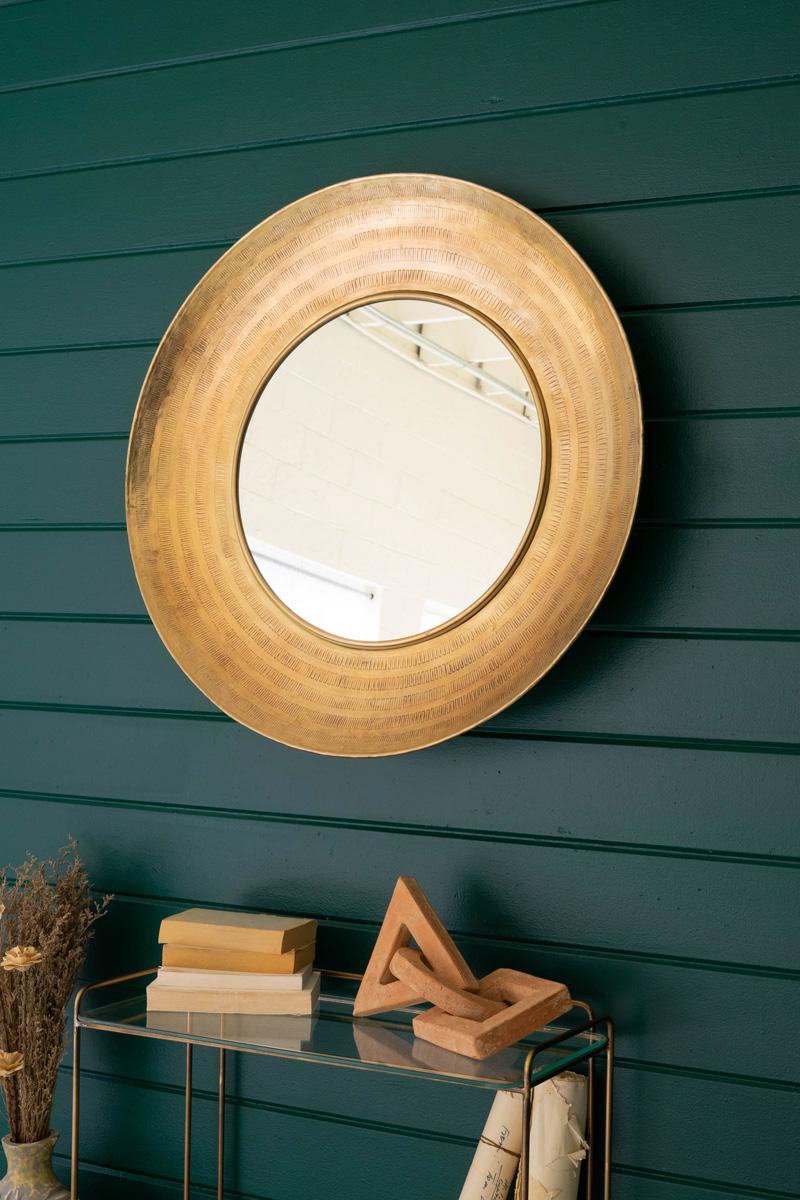 Glass Metal, Round Hand Hammered Antique Brass Frame With Mirror