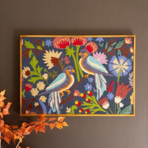 Yarn Cotton MDF Wood Metal, Framed Hand Hooked Art – Birds And Flowers