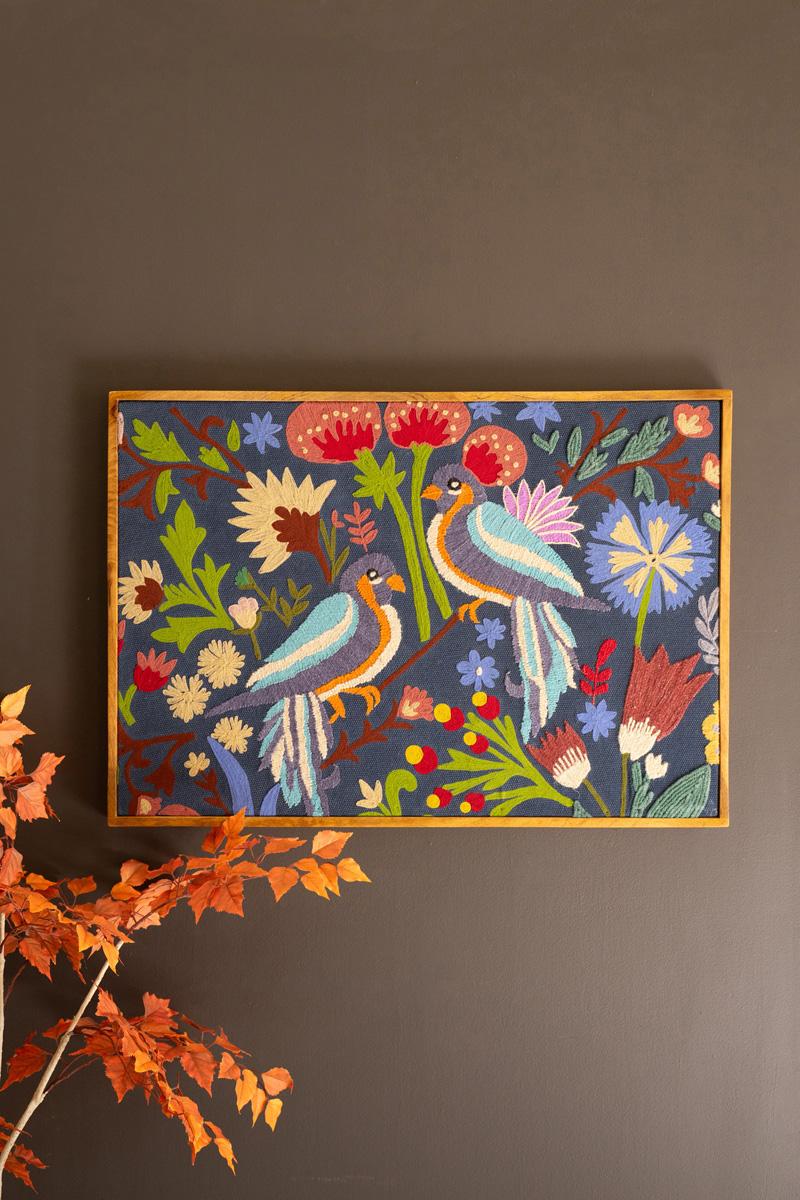 Yarn Cotton MDF Wood Metal, Framed Hand Hooked Art – Birds And Flowers