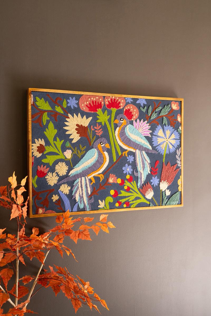 Yarn Cotton MDF Wood Metal, Framed Hand Hooked Art – Birds And Flowers