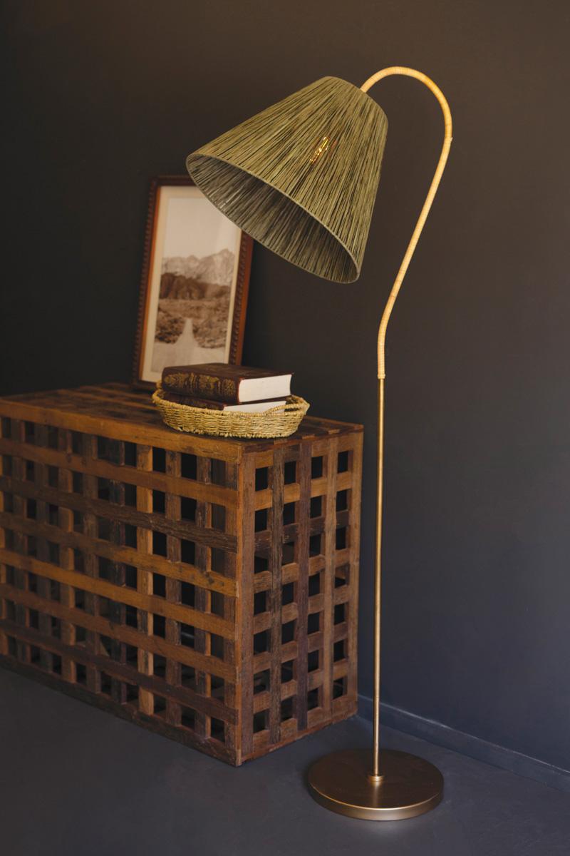 Rattan-Wrapped Floor Lamp With Raffia Shade