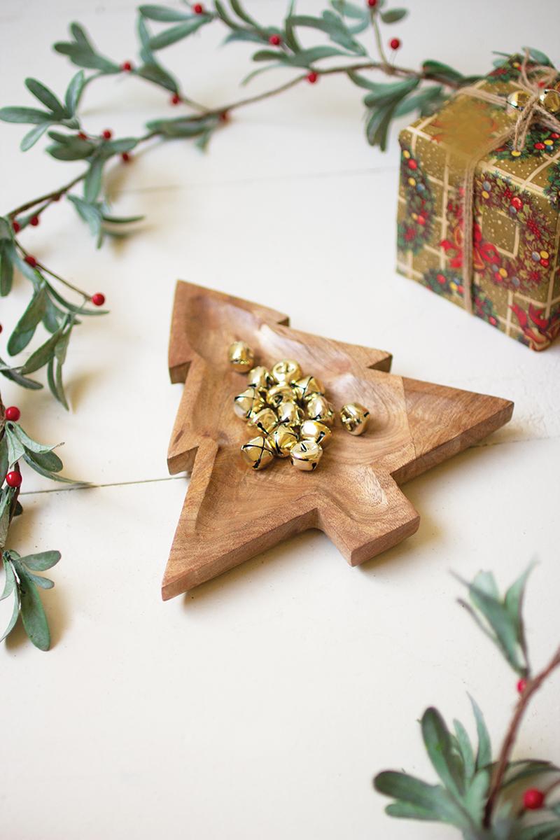 Box of 4 — Carved Wooden Christmas Tree Platter