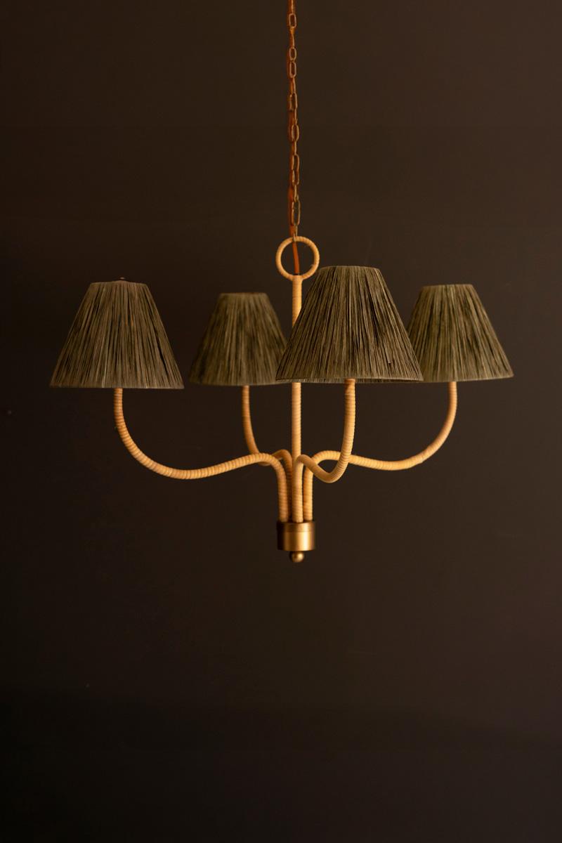 Rattan-Wrapped Chandelier With Raffia Shade